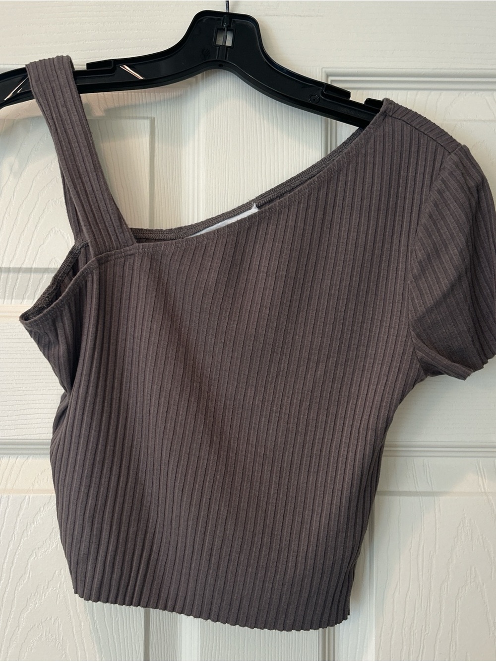 CALE Taupe Ribbed One-Shoulder Crop Top